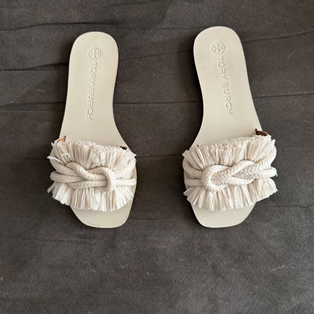 Tory Burch White Fringe Knot Leather Slide Sandals Size 7M - Picture 1 of 7